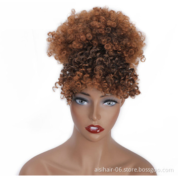 Aisi Hair New Design Kinky Curly Puff Brown Color Hair Bun With Bangs Afro Short Curly Synthetic Hair Extension For Black Women